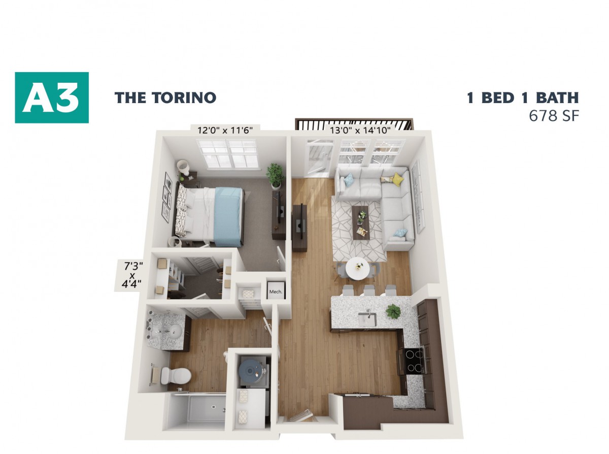 3D floor plan of 'The Torino' apartment featuring 1 bedroom, a living room, kitchen, and bathroom.