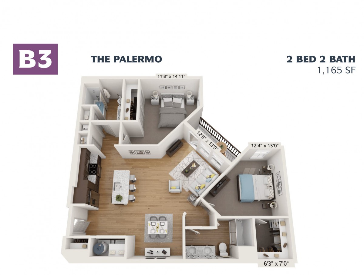 3D floor plan of a two-bedroom apartment named 'The Palermo'.