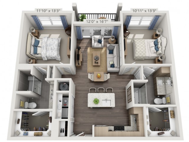 A detailed floor plan of a modern two-bedroom apartment featuring a spacious living room, kitchen, and two bathrooms.