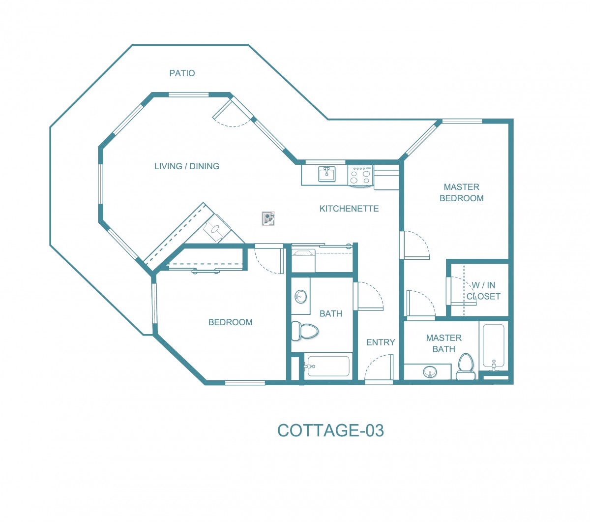 Architectural floor plan of Cottage-01 highlighting the layout and room arrangements.