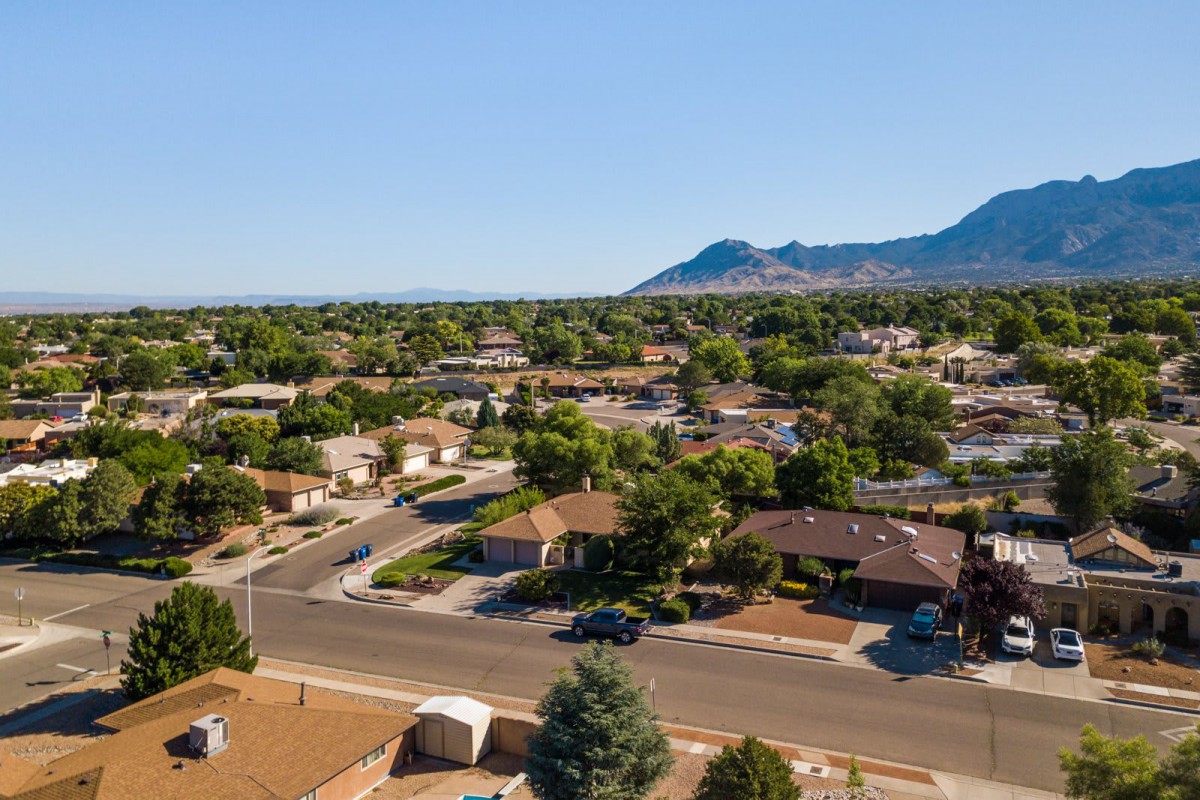 Aerial view of a suburban neighborhood with houses, trees, and mountains in the background under a clear sky.