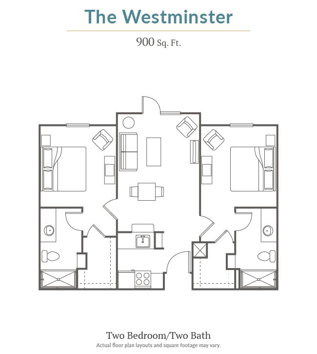 The Westminster - A two-bedroom, two-bathroom apartment floor plan measuring 980 sq. ft.
