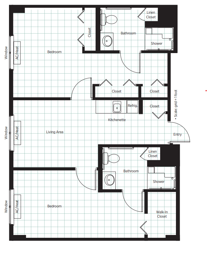 A detailed floor plan of an apartment showcasing the layout of rooms, including bedrooms, bathrooms, and living areas.