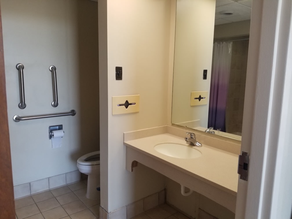 An accessible bathroom with a sink, mirror, toilet, and grab bar.