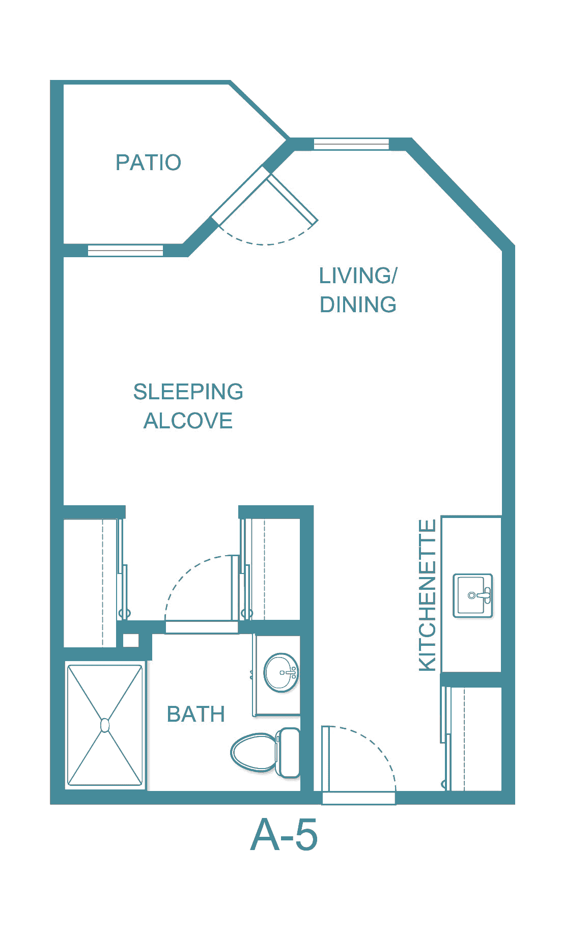 Studio apartment floor plan with sleeping alcove, kitchenette, and living/dining area.