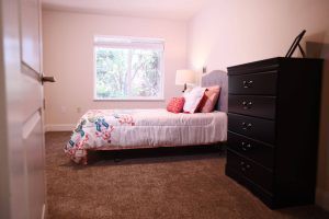 A cozy bedroom with a bed, dresser, and window.