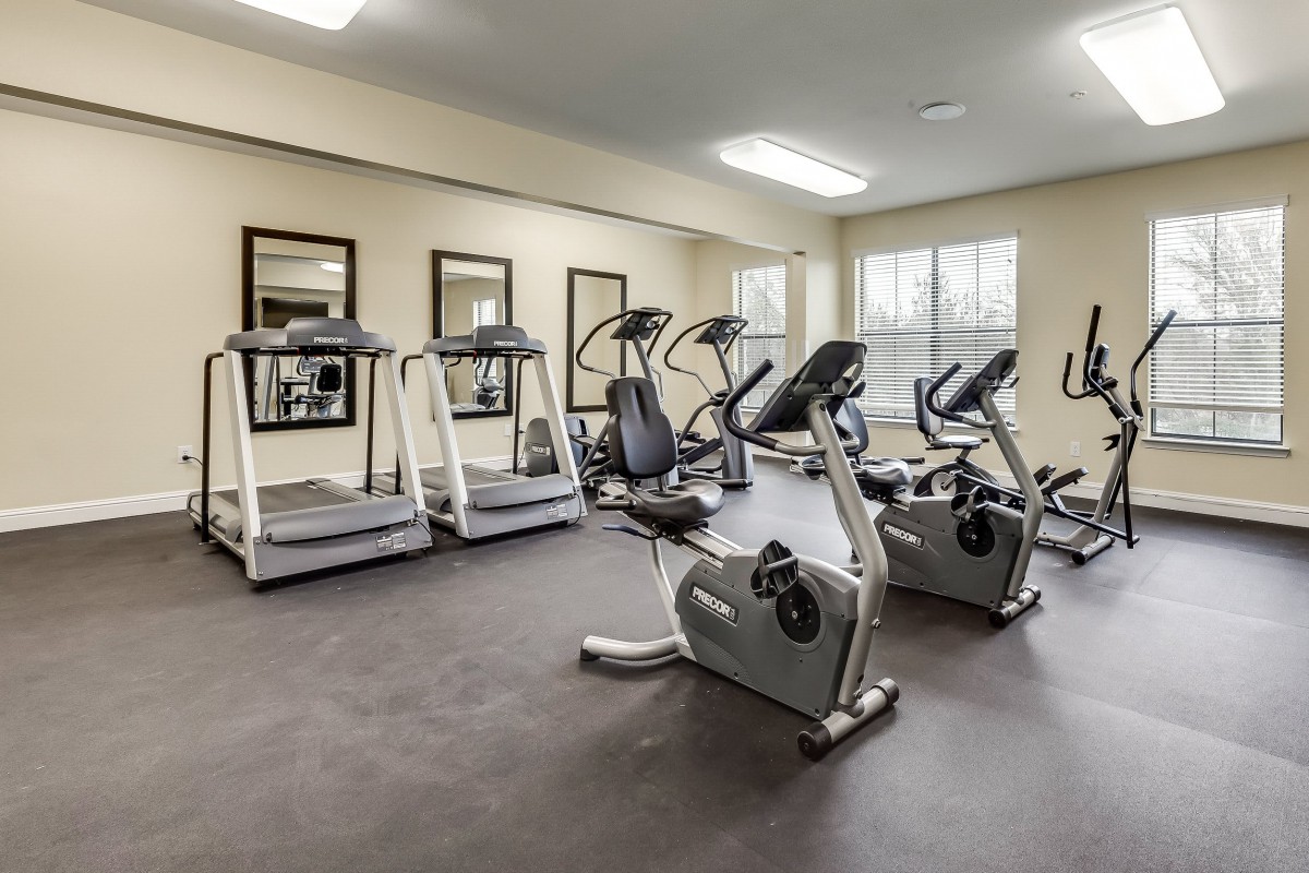 A modern fitness room with treadmills and stationary bikes.