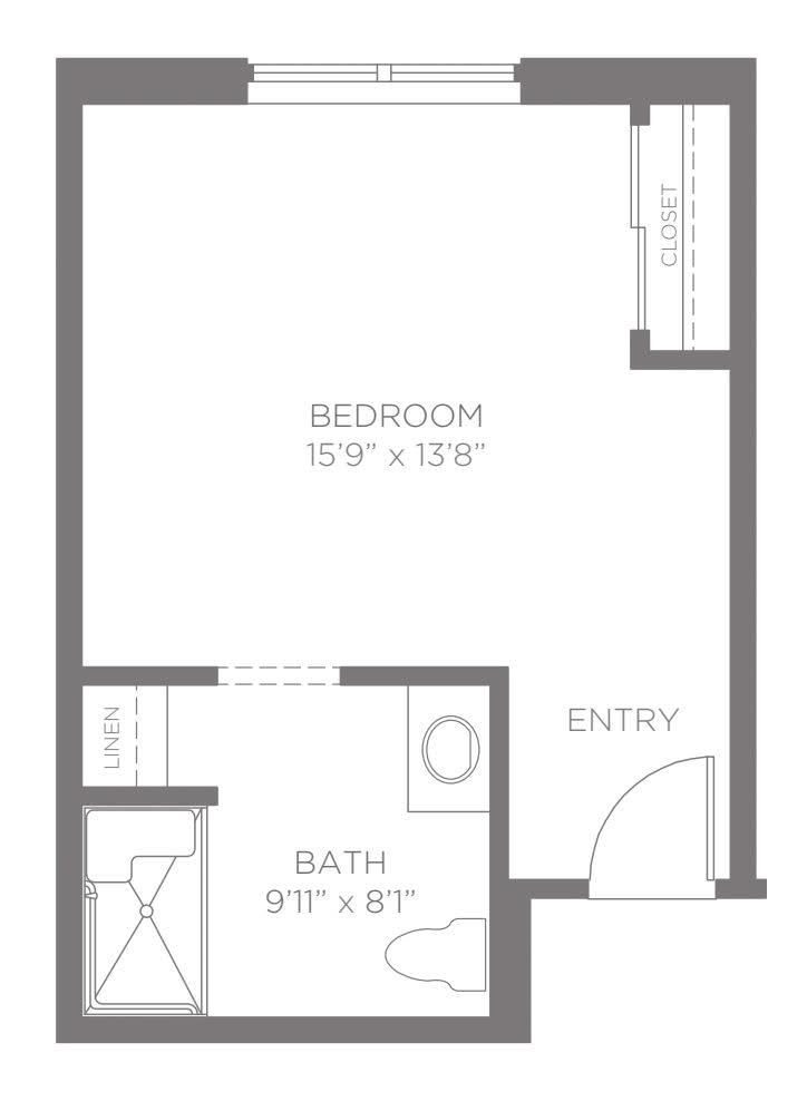 A floor plan showing the layout of a small apartment with a bedroom and bathroom.
