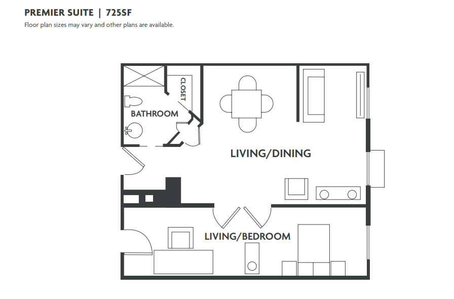 A floor plan of a 725 square foot suite featuring a living/dining area, bathroom, and kitchen.