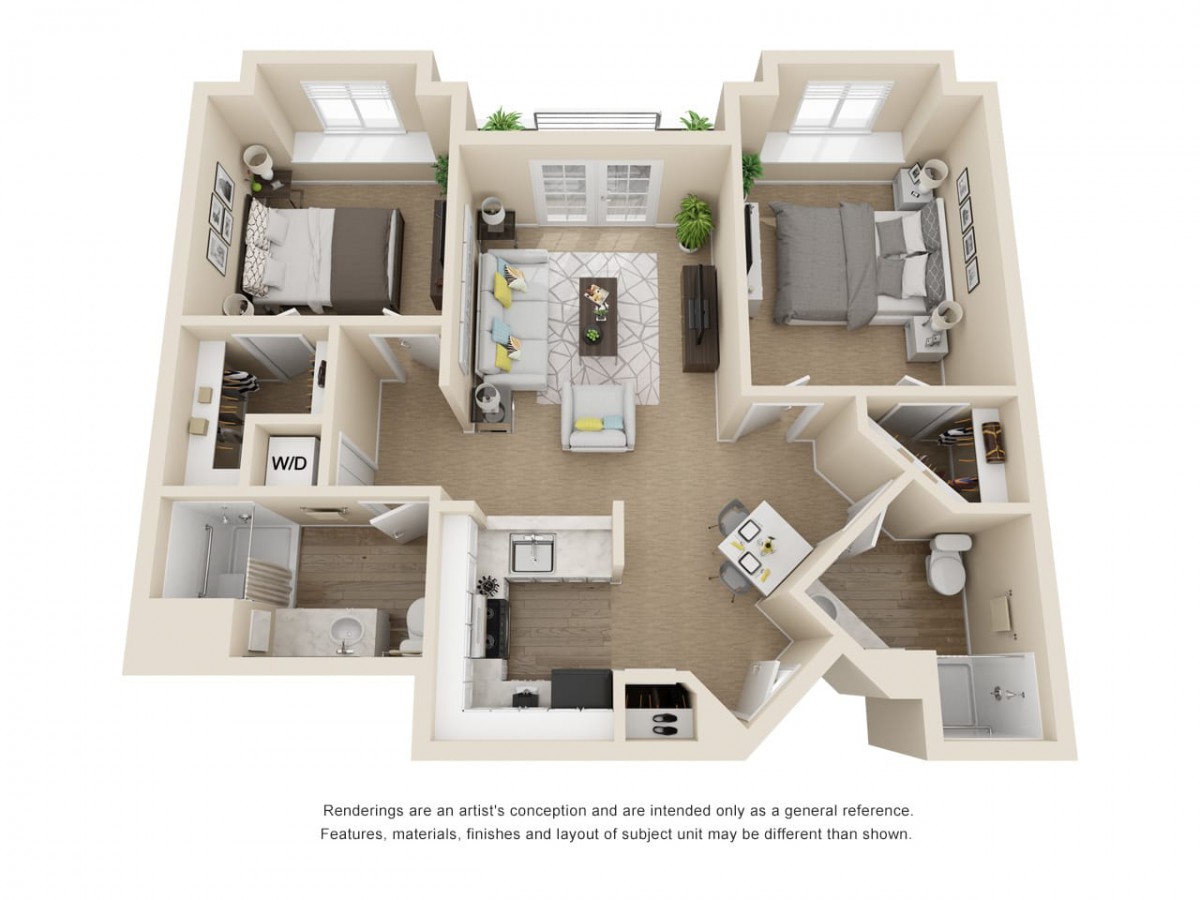 A 3D floor plan of a two-bedroom apartment featuring a central living area, kitchen, and two bathrooms.