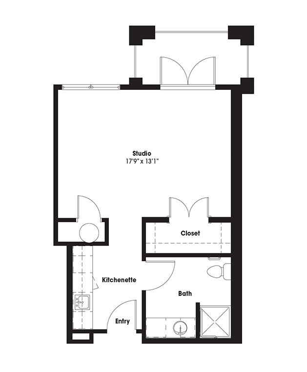 A floor plan of a studio apartment with designated areas for living, a kitchen, bath, and closet.