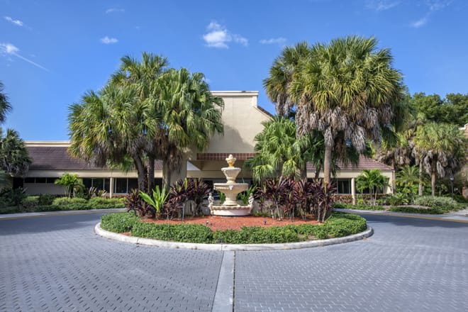 A circular driveway with a central fountain surrounded by palm trees, leading to a building entrance on a sunny day.