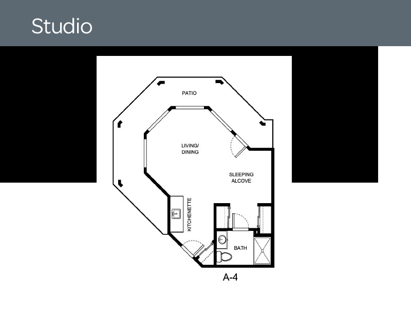 A floor plan of a studio apartment featuring a living area, kitchen, and bathroom.