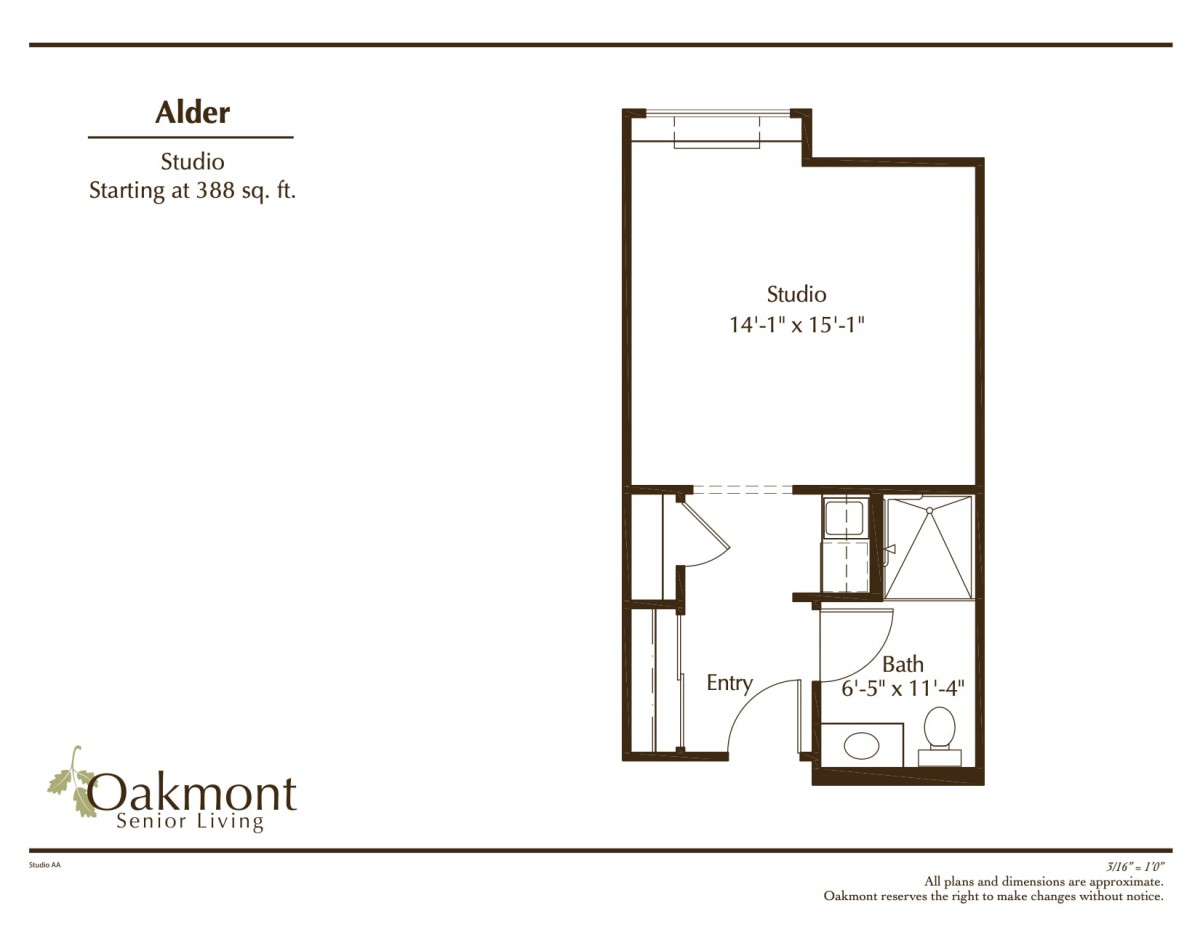 A floor plan of a studio apartment layout.