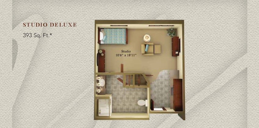 A detailed floor plan of a studio apartment showcasing furniture arrangement and room layout.