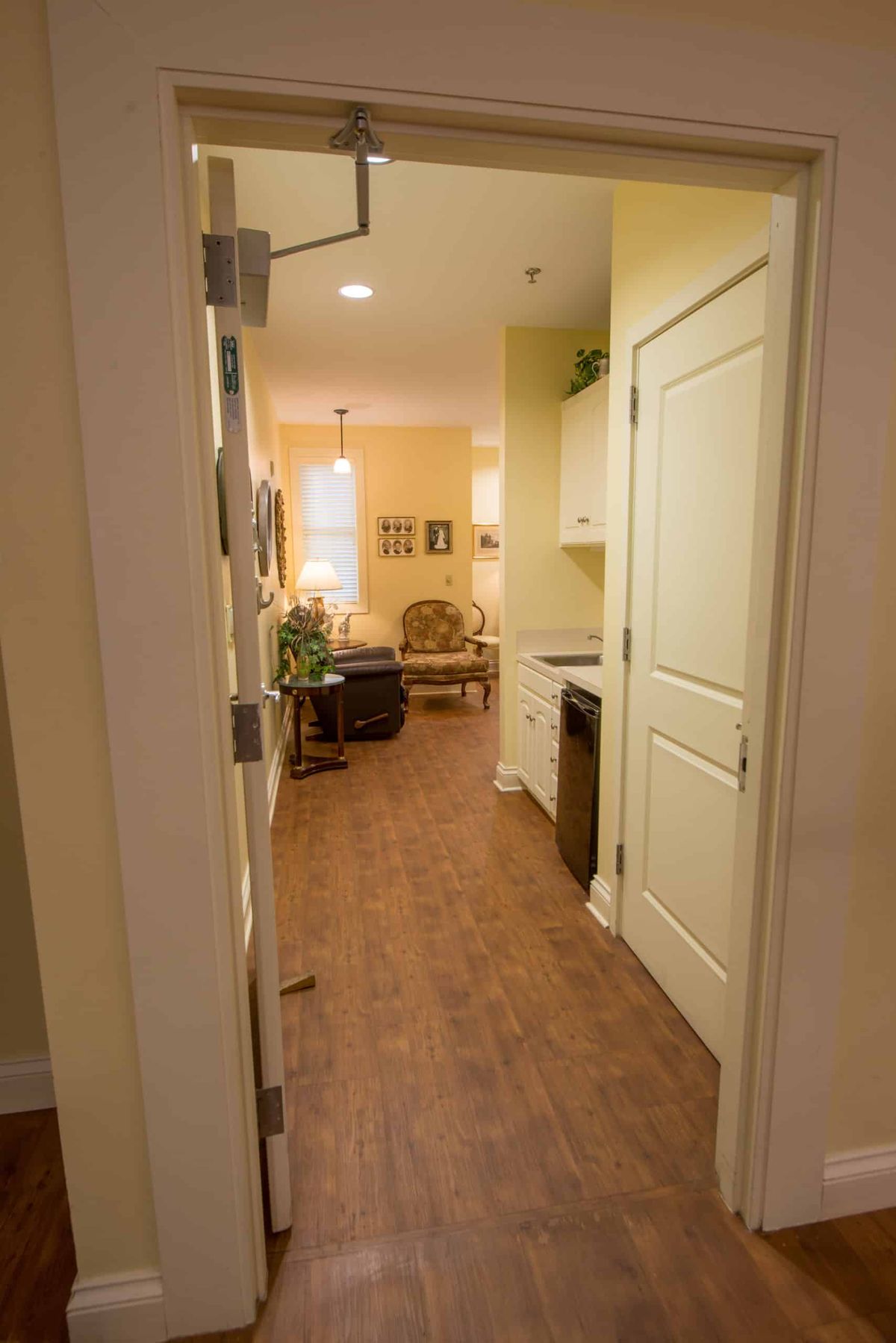 A cozy interior hallway leading into a living room with a kitchenette.