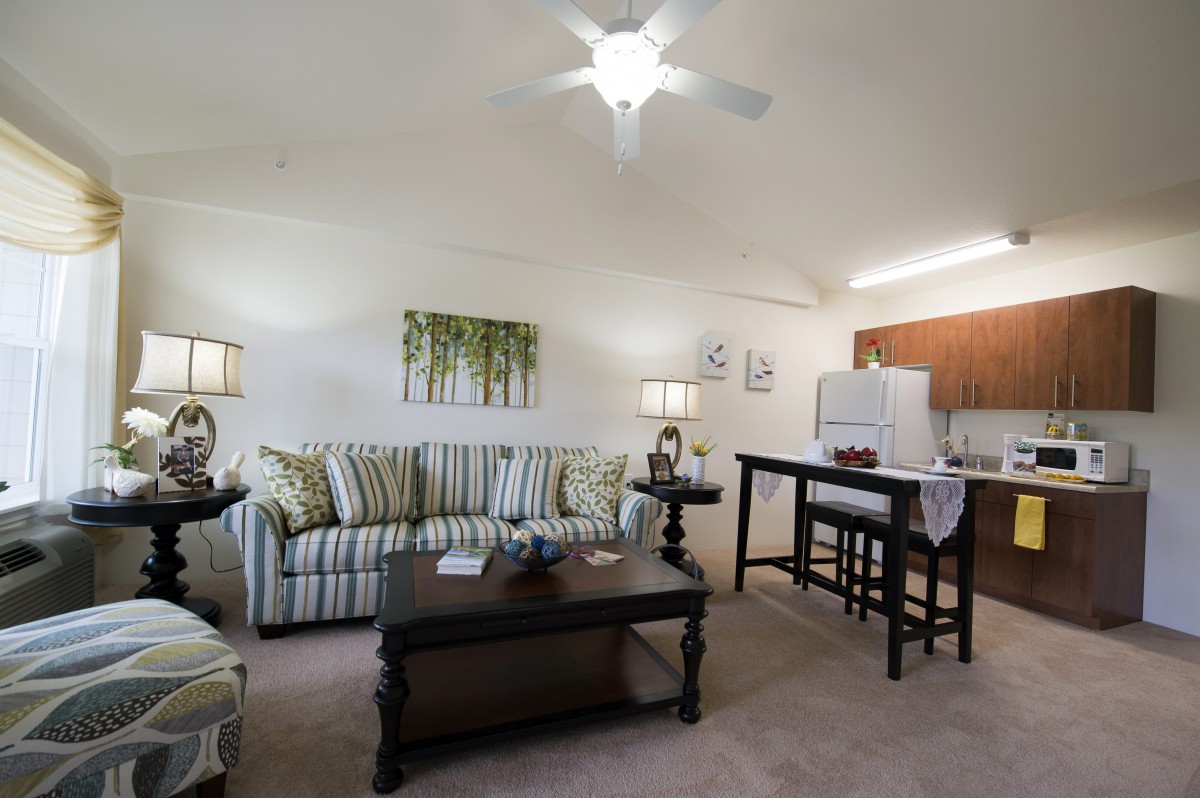 A cozy living room with a striped sofa and an adjacent kitchen area, featuring modern decor and a ceiling fan.