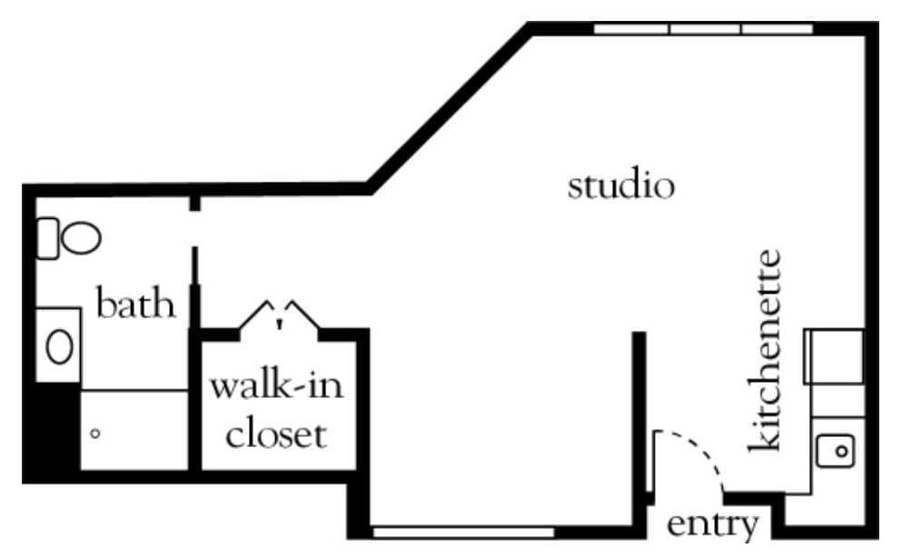 Floor plan of a studio apartment featuring a walk-in closet and entrance.