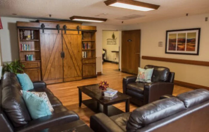 A cozy living room with leather sofas and a wooden bookshelf.