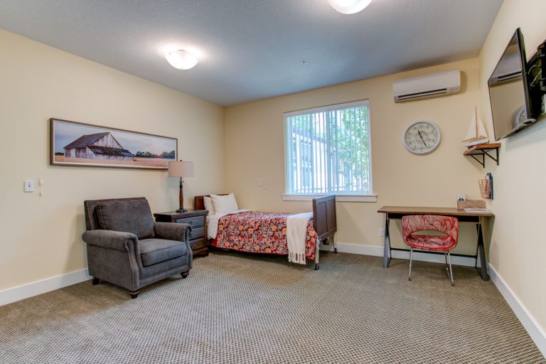 A cozy bedroom features a single bed, an armchair, and a desk under a window with ample natural light.