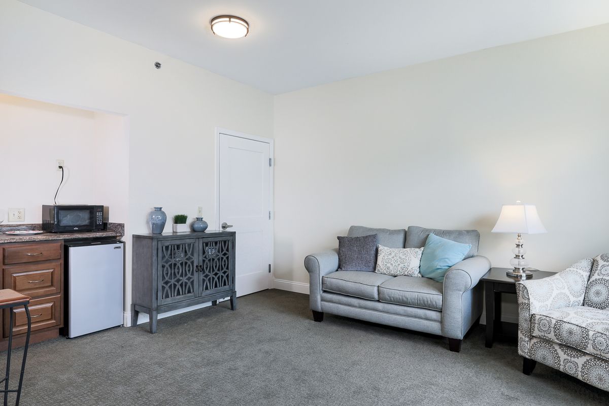 A cozy living room with a grey sofa, decorative cushions, and a side lamp.