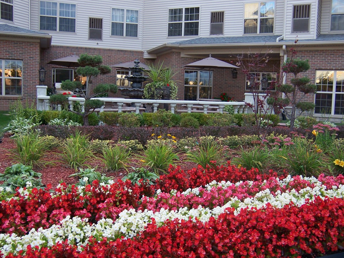 A beautifully landscaped garden with vibrant red and white flowers in front of a building with outdoor seating.