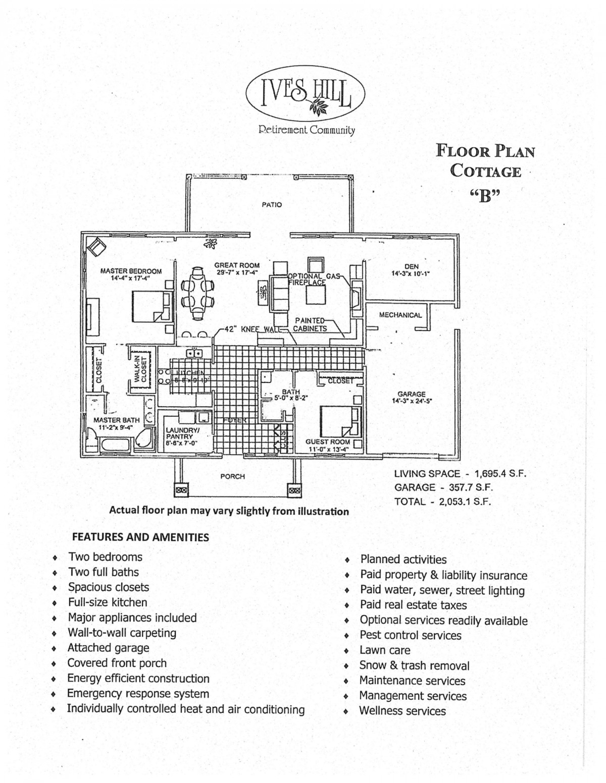 Architectural floor plan of a cottage highlighting room layouts and building features.