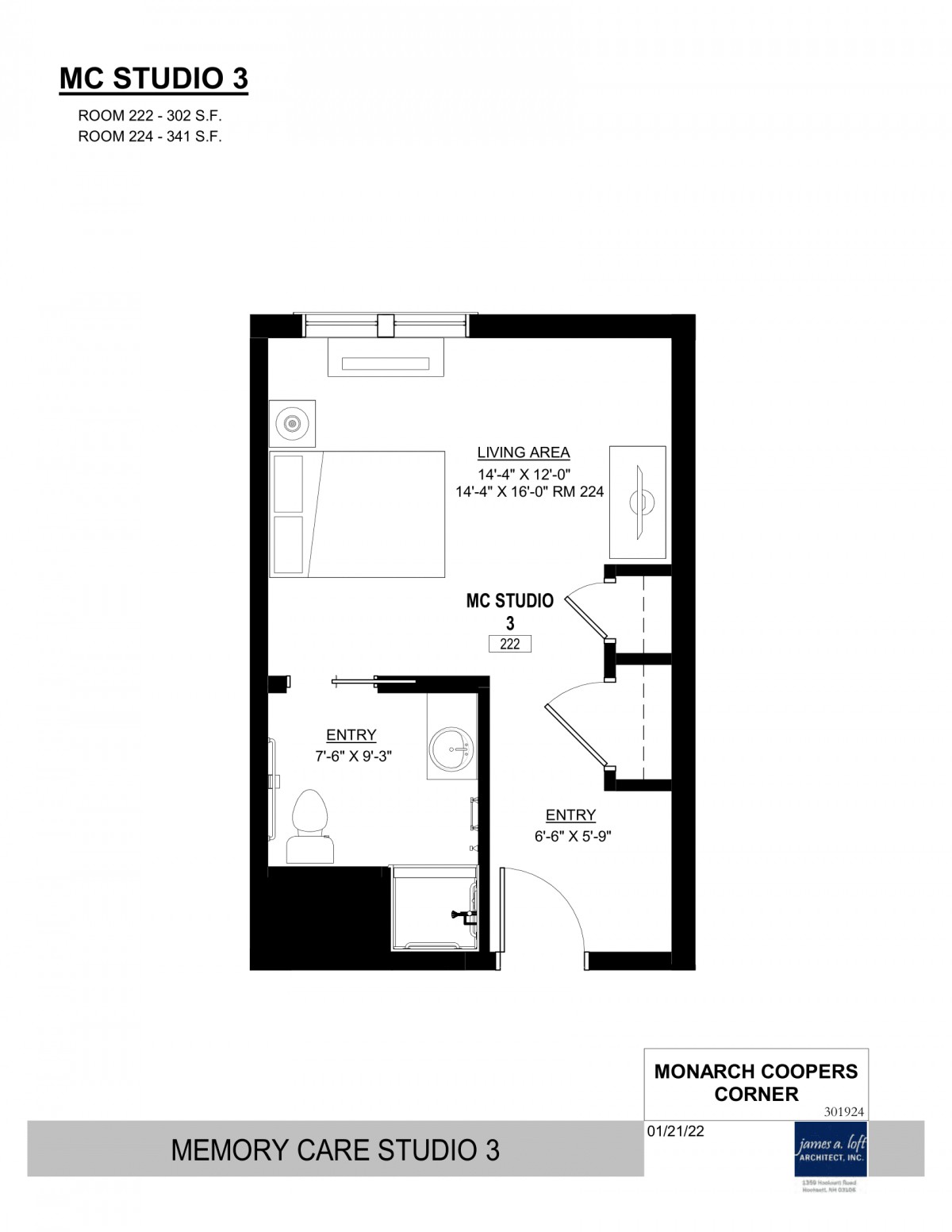 A floor plan of a studio apartment with labeled dimensions and designated areas.