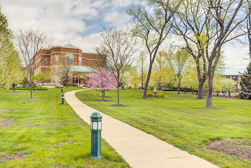 A scenic park pathway leading to a brick building, surrounded by trees and green grass.