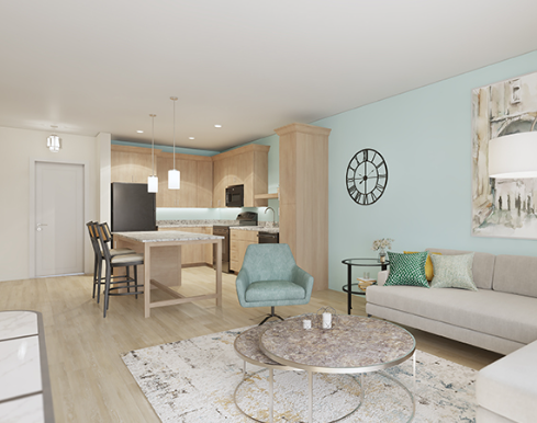 A modern and cozy living space featuring a stylish kitchen and inviting seating area.