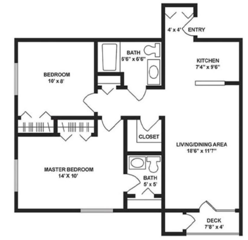 A floor plan of a two-bedroom apartment featuring a kitchen, living room, and bathrooms.