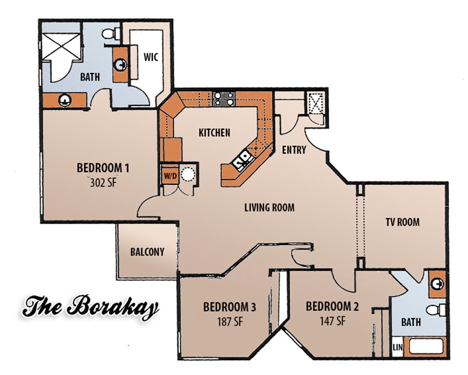 Floor plan of a three-bedroom apartment with living room, kitchen, and two bathrooms.