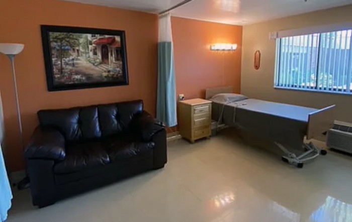 A hospital room with a patient bed, sofa, and artwork on the wall.