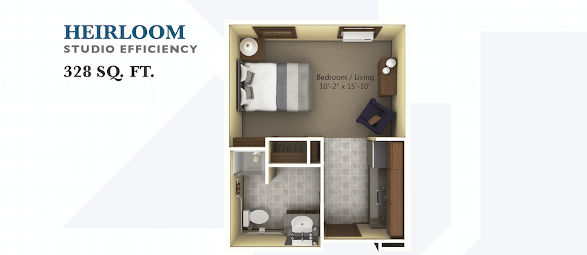 A compact studio apartment floor plan with a bedroom/living area, bathroom, and kitchenette.