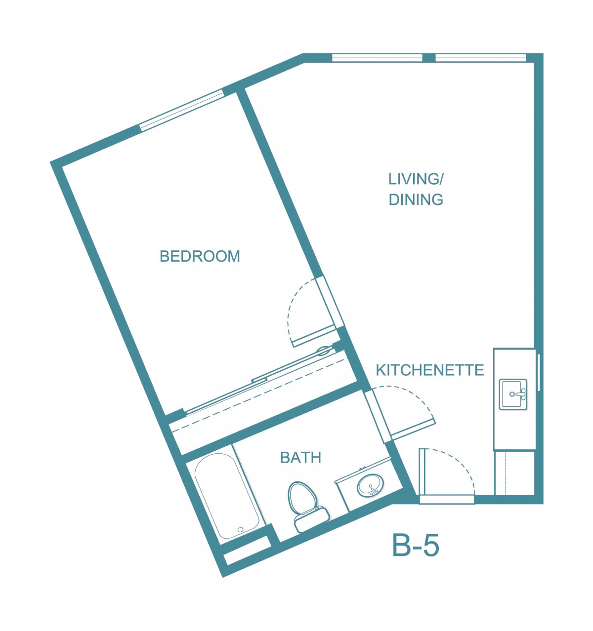 A simple floor plan showing a one-bedroom apartment with a living area, kitchenette, and bathroom.