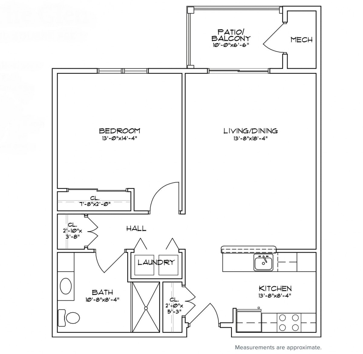 A floor plan of a single-bedroom apartment including a living room, kitchen, and laundry area.