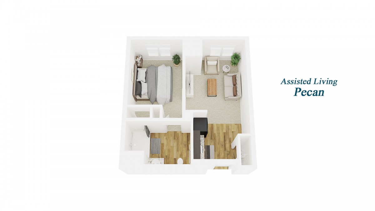 3D floor plan of a one-bedroom apartment layout.