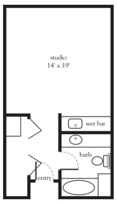 A floor plan of a studio apartment with dimensions 14' x 19', featuring a wet bar and bathroom.