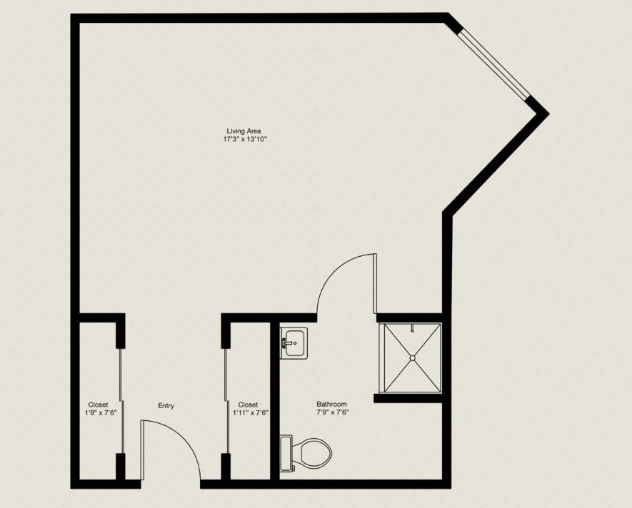 A floor plan of an apartment including a large living space, bathroom, and entry area.