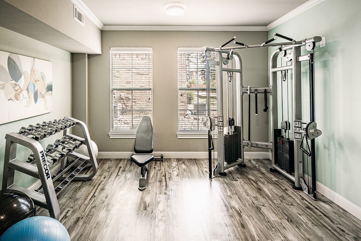 A well-equipped home gym featuring various fitness machines and weights.