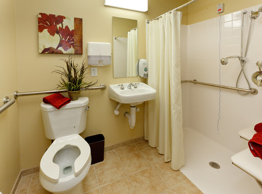 A well-designed bathroom featuring a toilet, sink, and shower, complemented by decorative elements.