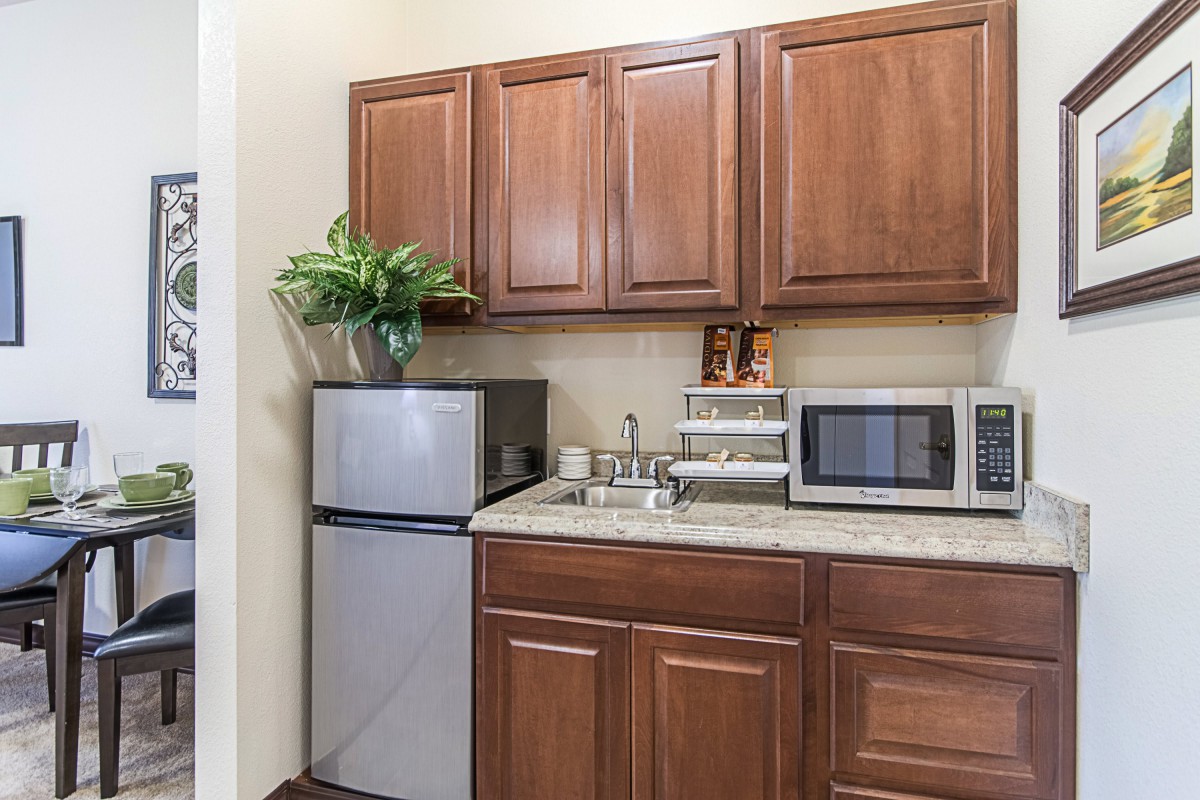 A compact kitchenette with wooden cabinets, a mini fridge, microwave, and a small sink, accented by a plant on the countertop.