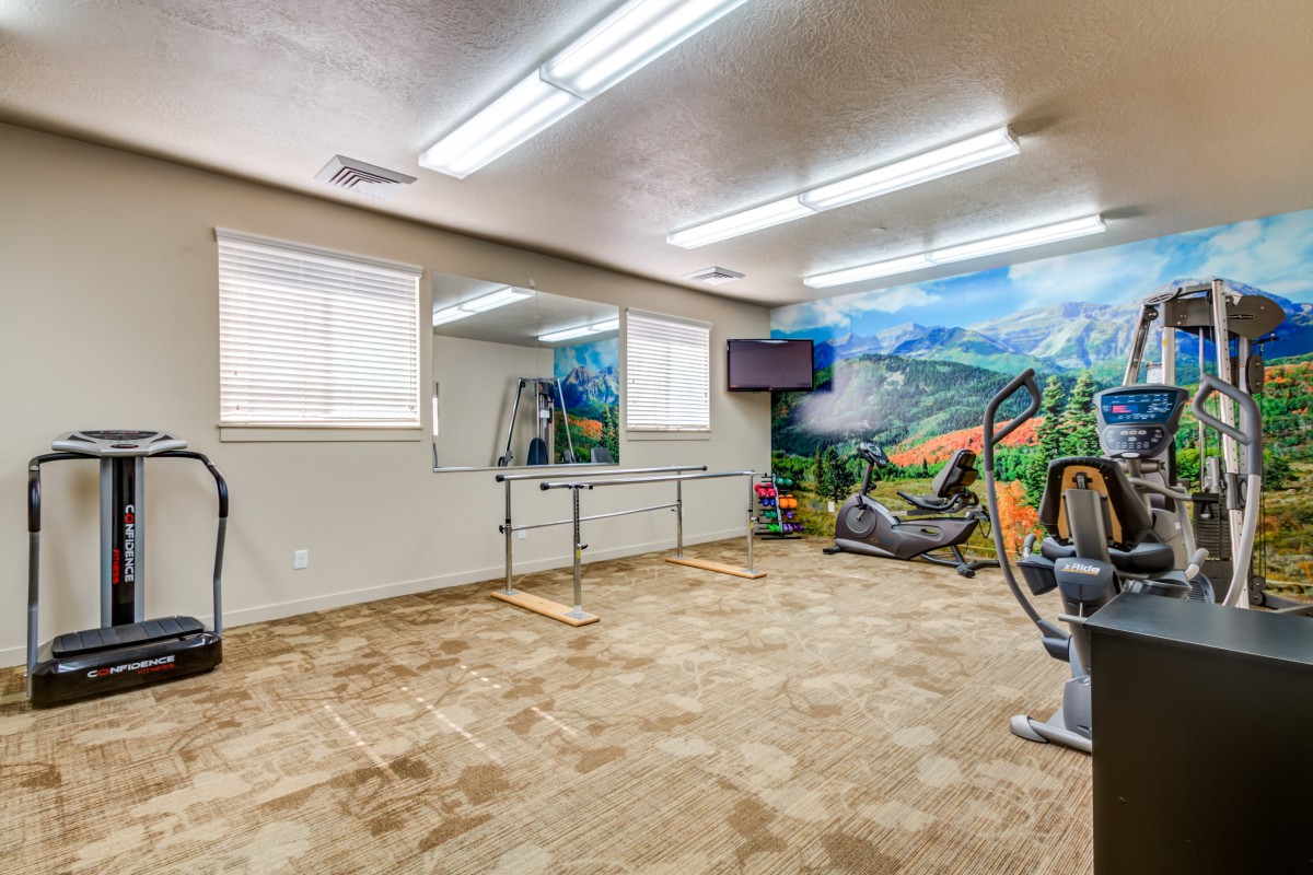 A well-lit home gym featuring exercise equipment, mirrors, a barre, and a colorful wall mural.