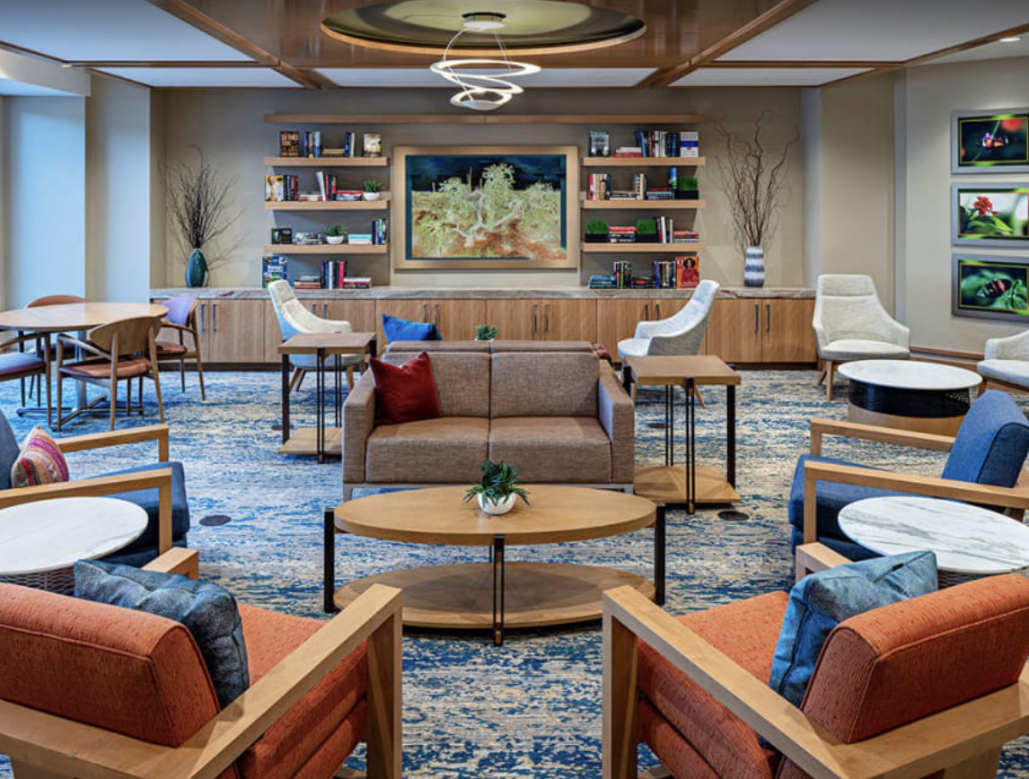 A modern lounge area featuring a seating arrangement with chairs and couches, decorated with artwork and bookshelves.