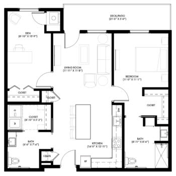 A floor plan of a two-bedroom apartment highlighting the layout and arrangement of rooms.