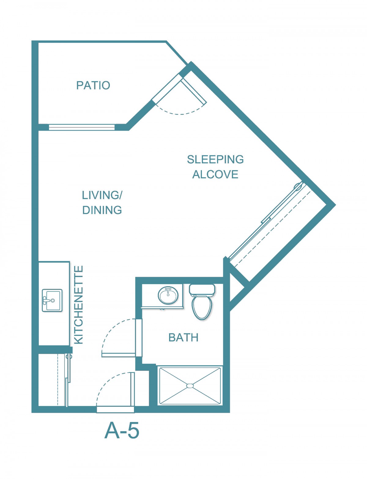 A blueprint of a studio apartment featuring a sleeping alcove, living/dining area, kitchenette, bathroom, and patio.