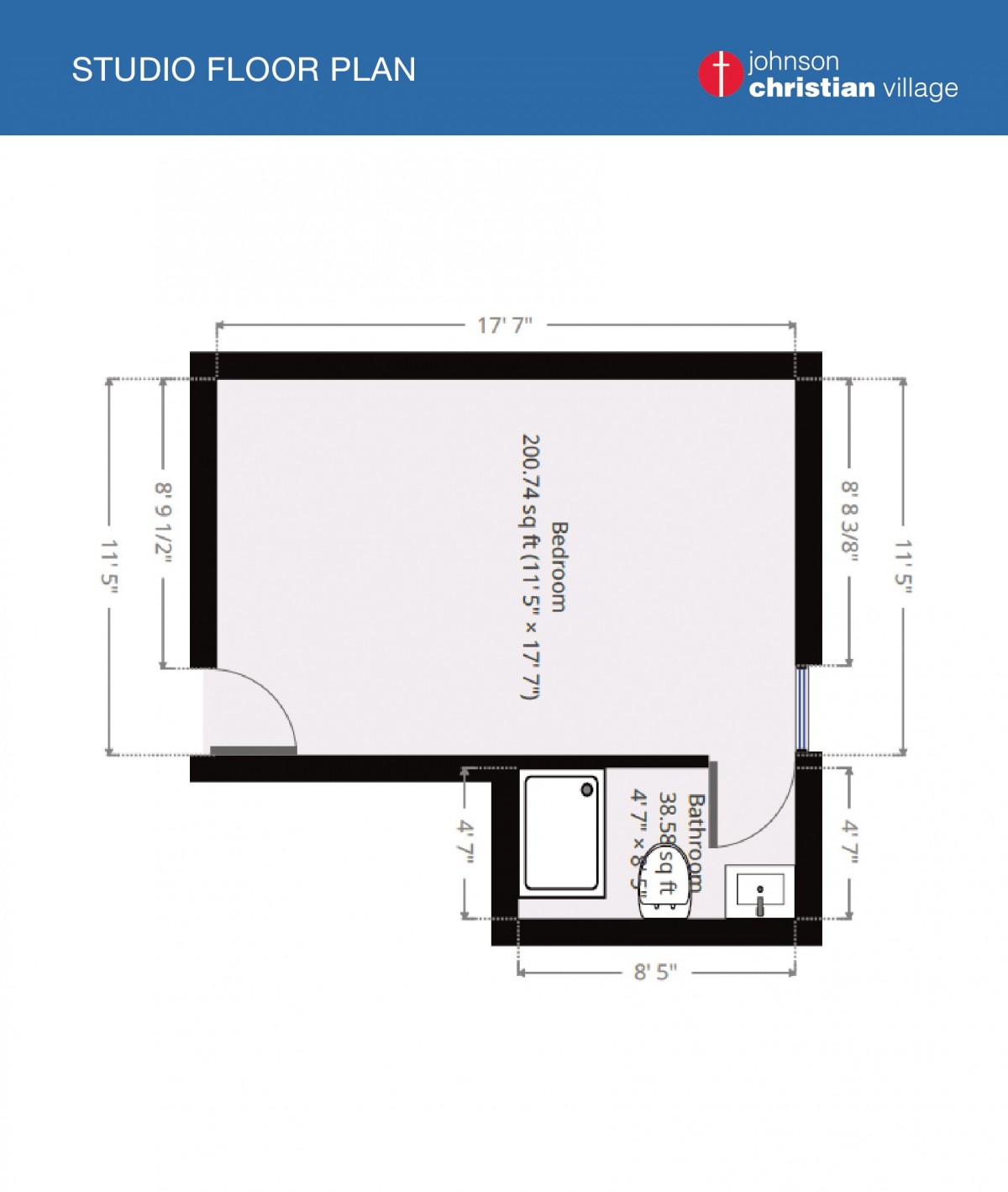 A floor plan depicting the layout of a small room with dimensions and door placement.