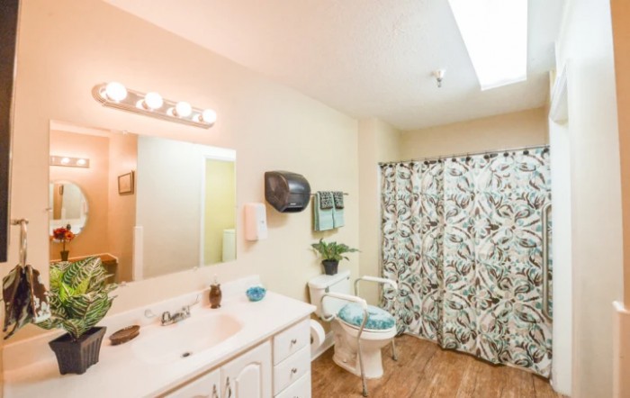 A well-lit bathroom featuring a sink, mirror, and patterned shower curtain.