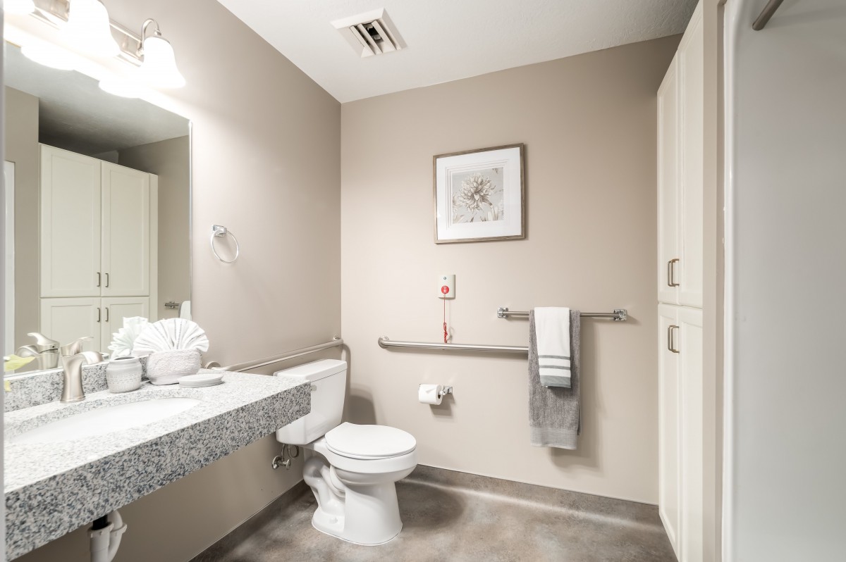 A modern, accessible bathroom with a toilet, sink, and mirror.