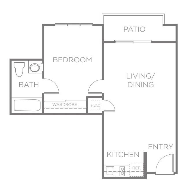 A simple floor plan of a one-bedroom apartment featuring a combined living and dining area, kitchen, bathroom, and patio.
